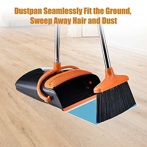 Broom and Dustpan Set with Long Handle and 6 Bonus Cleaning 45.3IN Orange&black