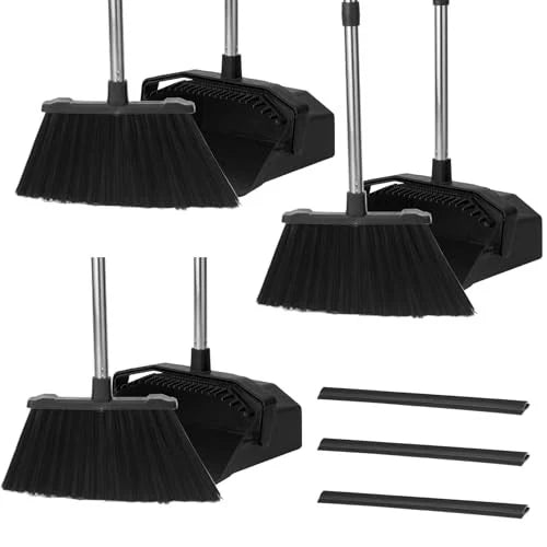 3-Pack Upright Broom with Dustpan Combo Set, Commercial Broom and 1 All Black