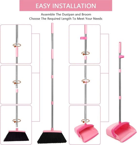 Pink Broom & Dustpan Set – Long Handle Heavy Duty Combo for Home & Office