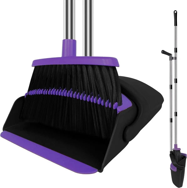 Broom and Dustpan Set, Upright Purple Broom with Dustpan Combo Set 51" Long Hand