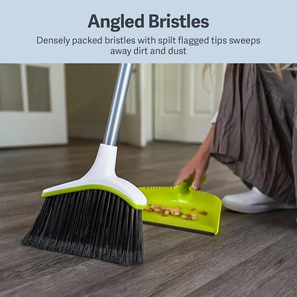 Basics 2 Piece Angled Broom Dustpan Set 44 Inch Long Handle Silver Green