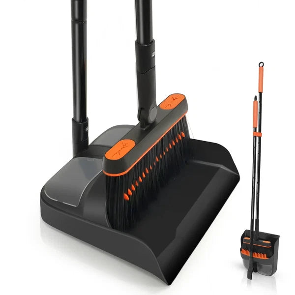 54 Inches Long Handle Broom and Dustpan Set for Home (Black Orange)