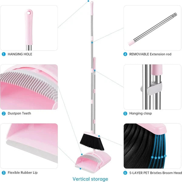 Broom and Dustpan Set, 52” Long Adjustable Handle Broom with Dustpan Combo Set w