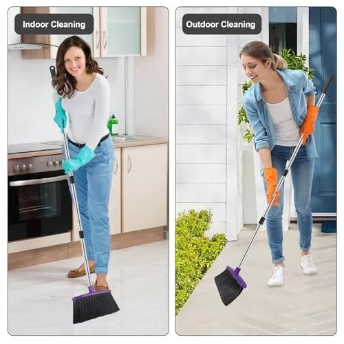 Broom and Dustpan Set, 51" Long Handle Broom with Dustpan Combo Set, Purple