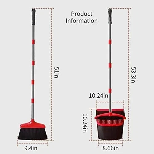 Broom and Dustpan Set for Home, Upgrade 52" Long Handle with Stand Up A Red