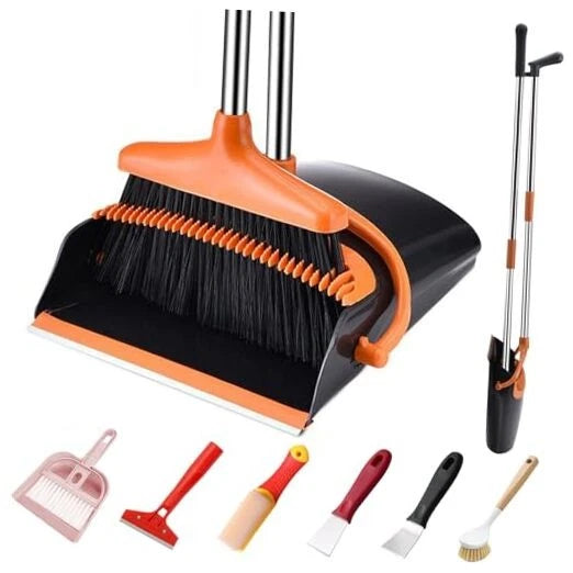 Broom and Dustpan Set with Long Handle and 6 Bonus Cleaning 45.3IN Orange&black