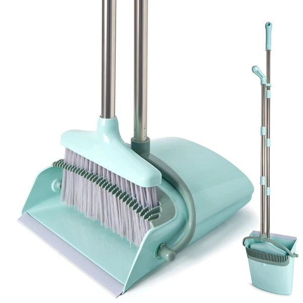 XXXFLOWER Broom and Dustpan Set with Cleaning Teeth, 55" Long Handle Indoor S...