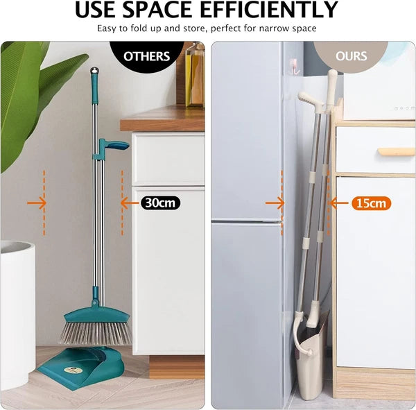 Broom and Dustpan Set with Long Handle, Light Weight Stainless Steel Poles