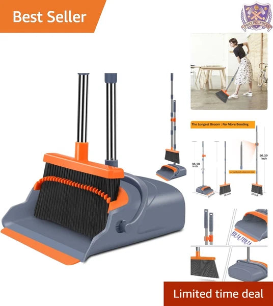 Broom Dustpan Set Stainless Steel 38-50in Heavy Duty Self-Cleaning Indoor Out...