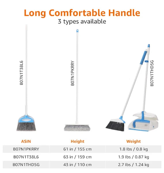 Dustpan and Broom Set with Long Handle, Easy Assembly, Blue White