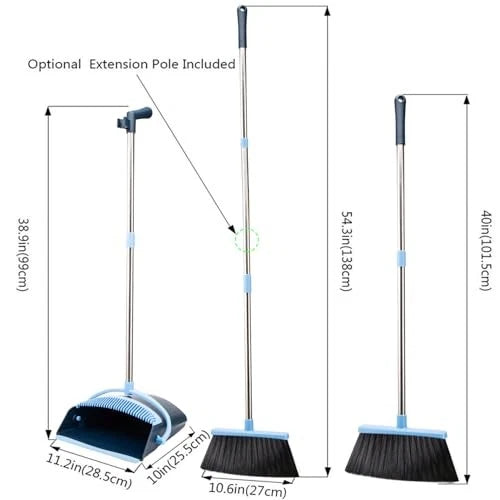 Broom and Dustpan Set for Home 2025 Indoor Outdoor Broom with Dustpan Blue