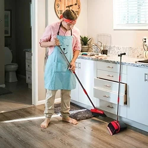Broom and Dustpan Set for Home, Upgrade 52" Long Handle with Stand Up A Red