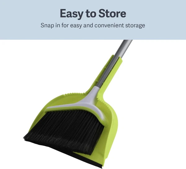 Basics 2 Piece Angled Broom Dustpan Set 44 Inch Long Handle Silver Green