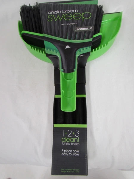 Casabella Basics 3-Piece Angled Broom and Dustpan Cleaning Set, Black/Green New