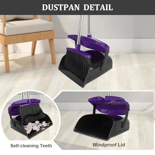 Broom and Dustpan Set, 51" Long Handle Broom with Dustpan Combo Set, Purple