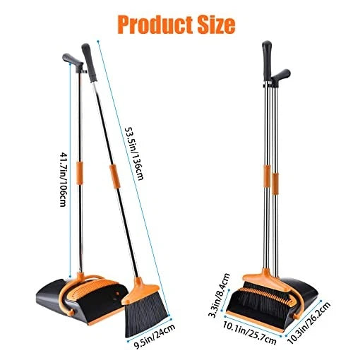 Broom and Dustpan Set with Long Handle and 6 Bonus Cleaning 45.3IN Orange&black