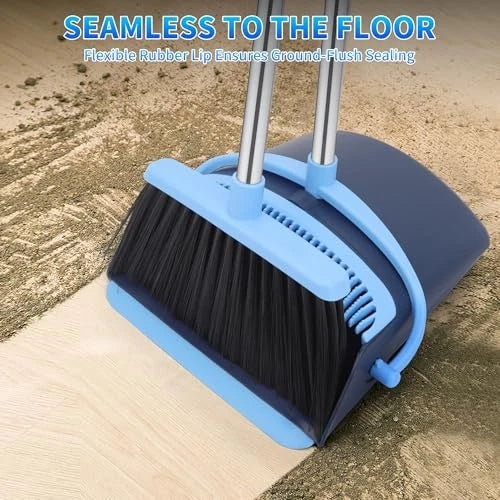 Broom and Dustpan Set for Home 2025 Indoor Outdoor Broom with Dustpan Blue