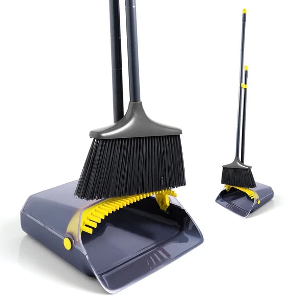 New Thicker Broom and Dustpan Set with Extendable Long Handle and Dustpan Comb,