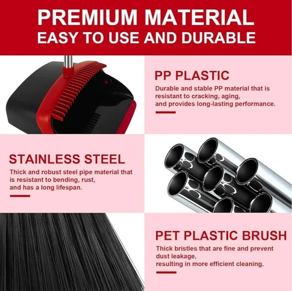 Broom and Dustpan Set, 55 Inch Long Stainless-Steel Handle, Red And Black  (Z)