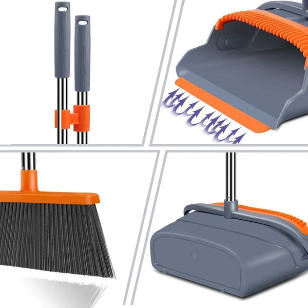 Broom Dustpan Set Stainless Steel 38-50in Heavy Duty Self-Cleaning Indoor Out...